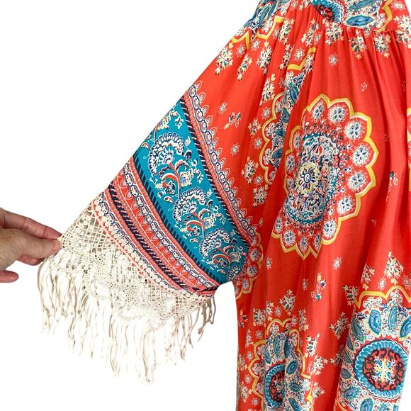 Umgee Orange Turquoise Medallion Print Kimono Lace Fringe Size M/L Boho Casual - Picture 2 of 7